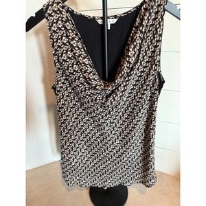 Cabi Sleeveless Cowl Neck Blouse Women's Sz M Black‎ Cat & Heart Print Top